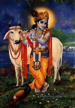 ラダ・クリシュナ Painting - クリシュナと牛と孔雀 ヒンドゥー教